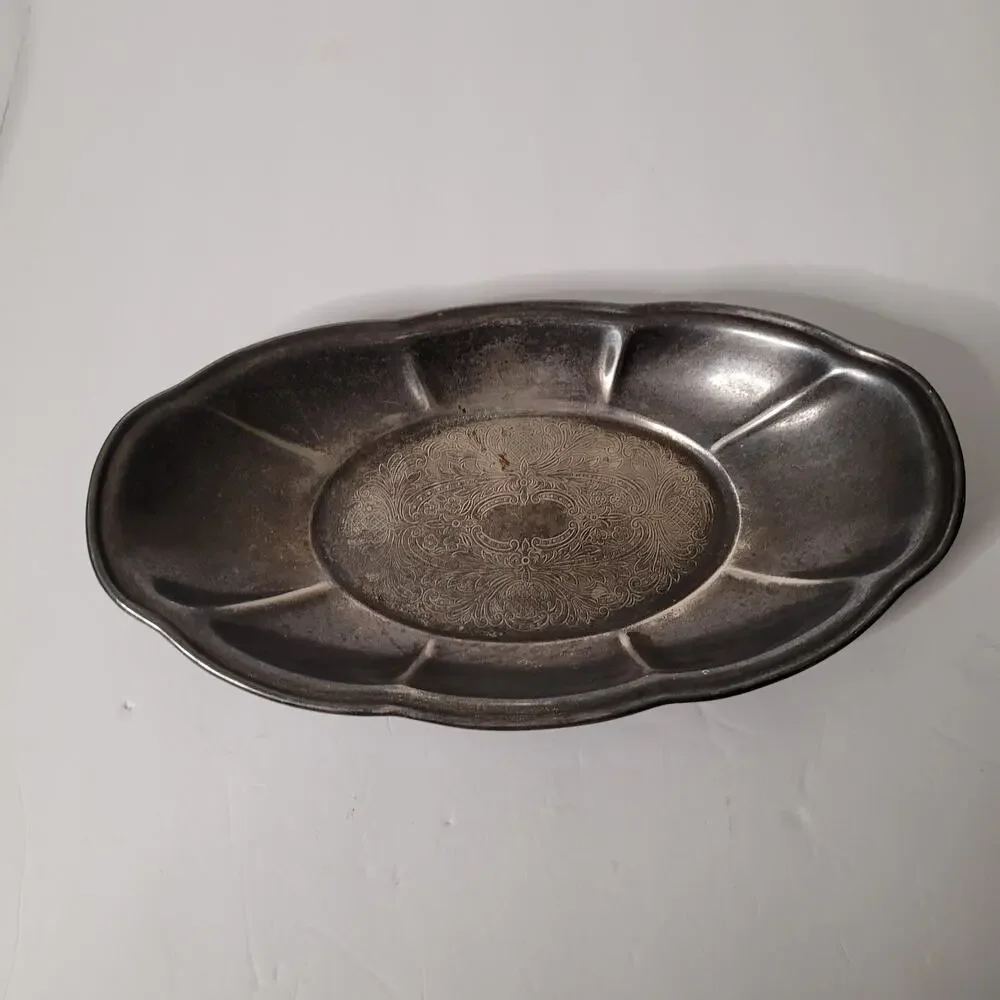 Vintage Silver Oval Chippendale Style Serving Plate 12X7 inches